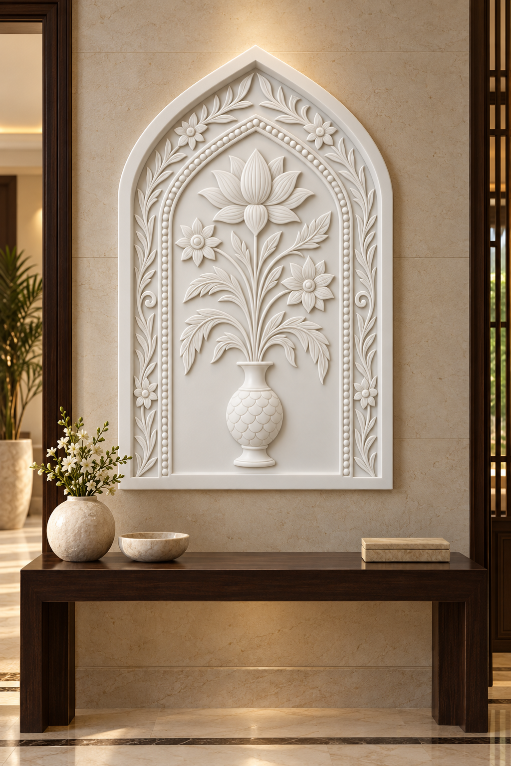 Lotus Kalash Niche Corian Wall Panel, front view in the Malabar Hill entrance foyer
