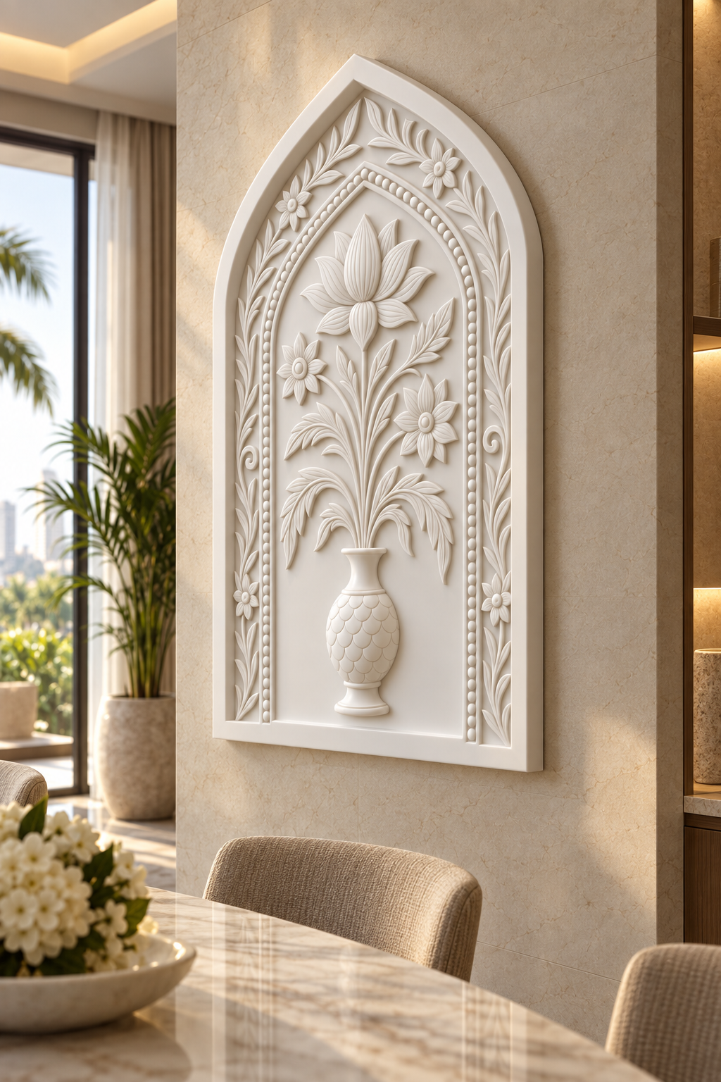 Lotus Kalash Niche Corian Wall Panel, left view in the Juhu dining salon