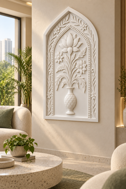 Lotus Kalash Niche Corian Wall Panel, right view in the Powai family lounge