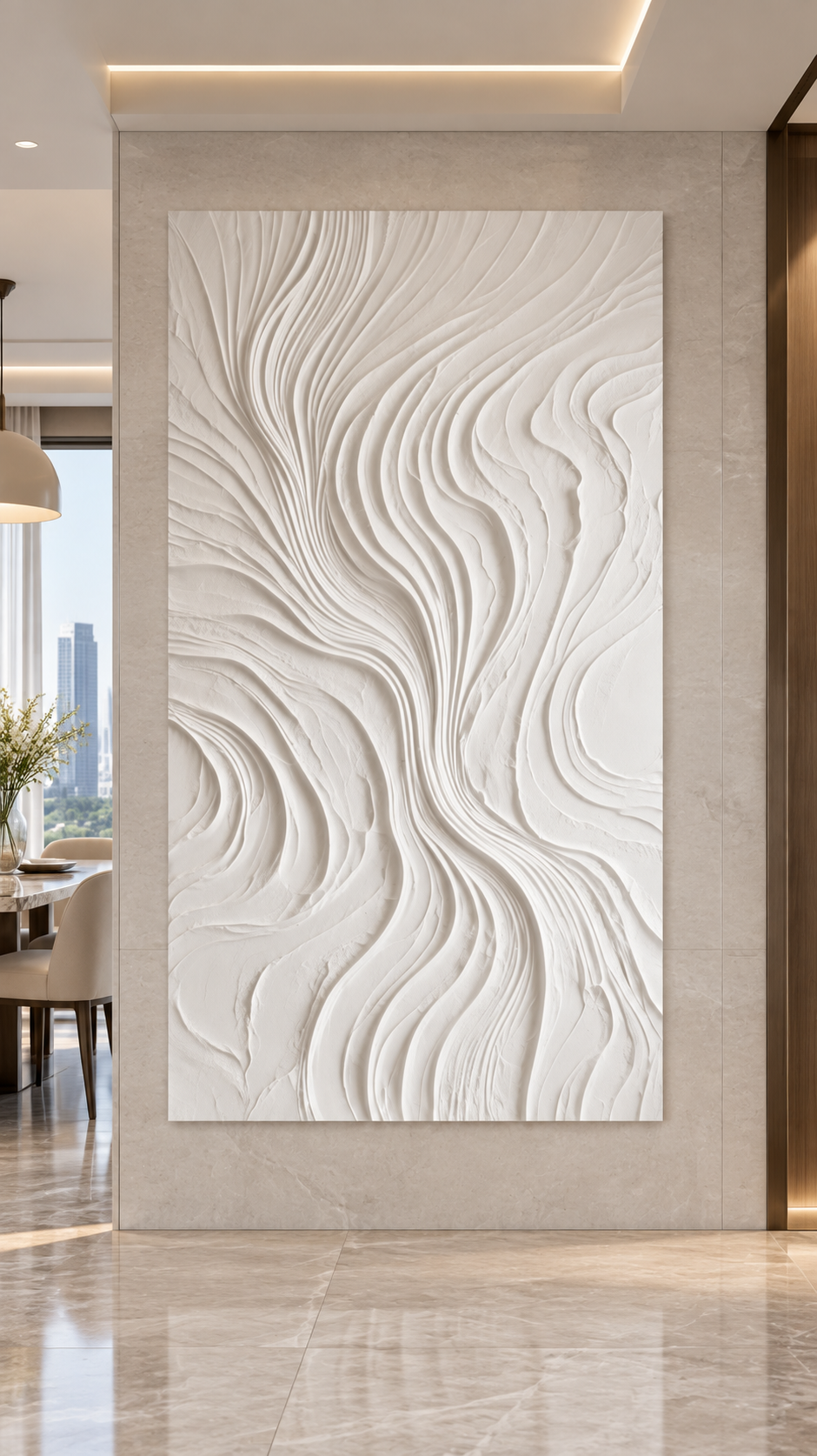 River Vein Drift Corian Wall Panel, front view in the Lower Parel dining foyer