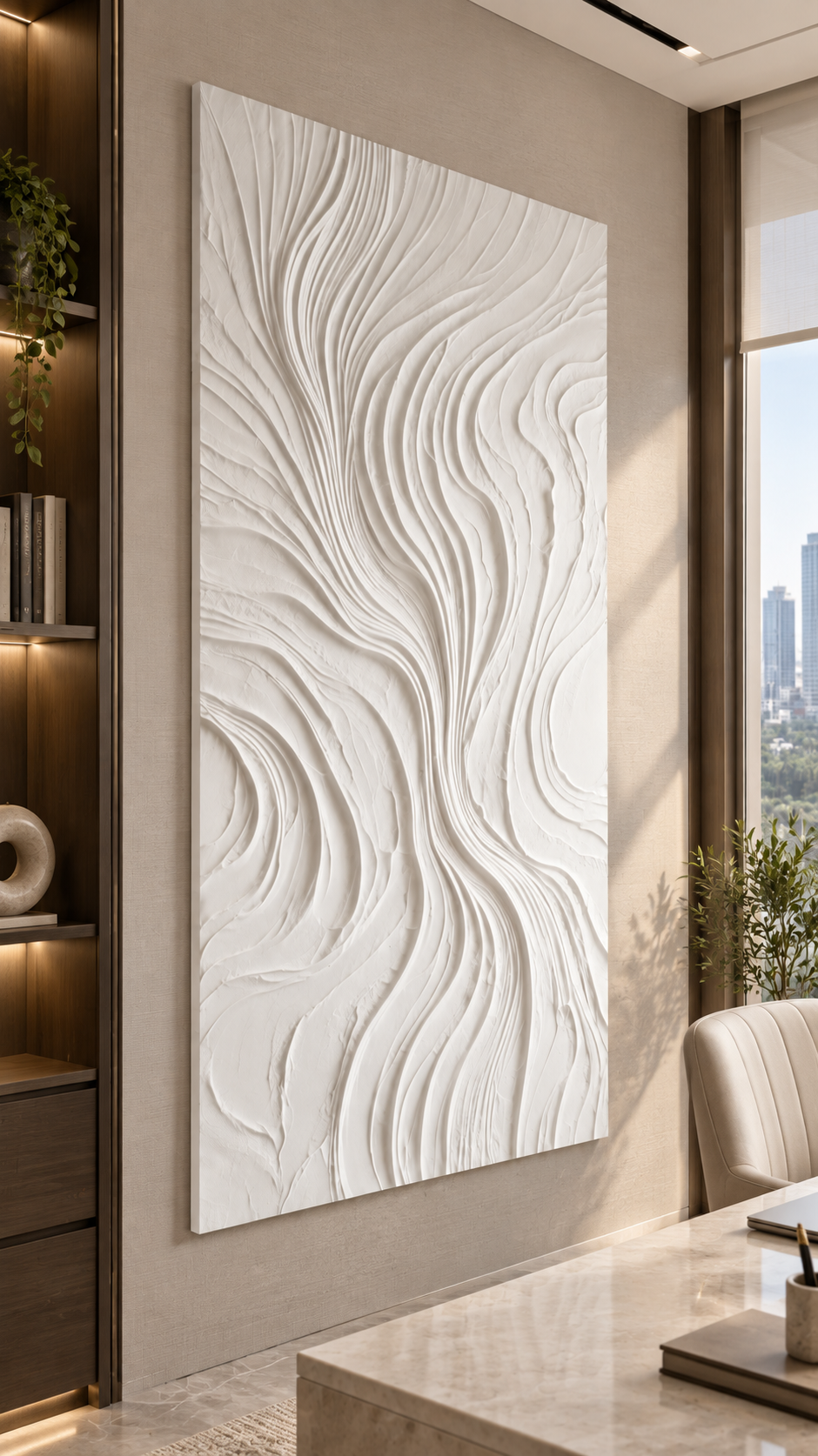 River Vein Drift Corian Wall Panel, right view in the BKC home office