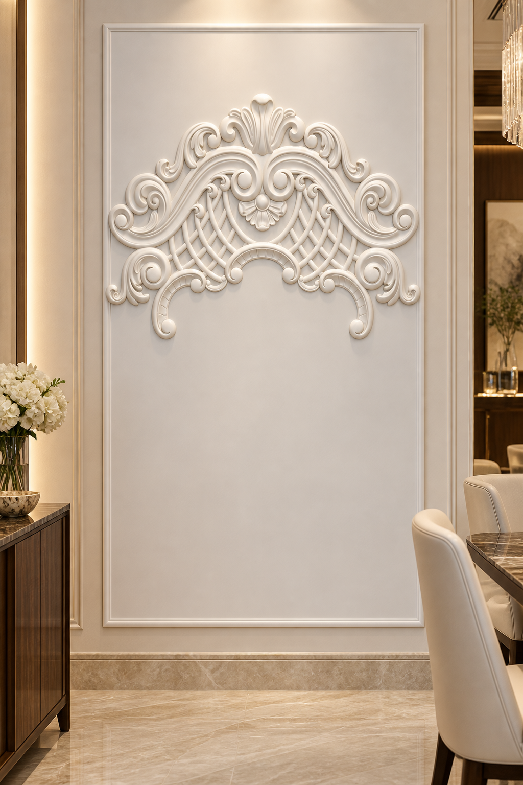 Regency Lattice Canopy Corian Wall Panel, front view in the Peddar Road formal dining room
