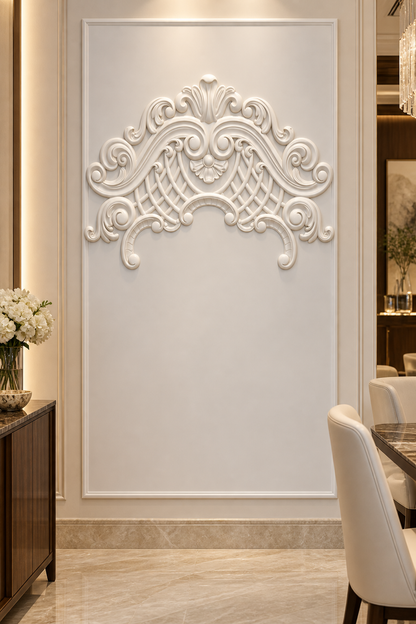 Regency Lattice Canopy Corian Wall Panel, front view in the Peddar Road formal dining room