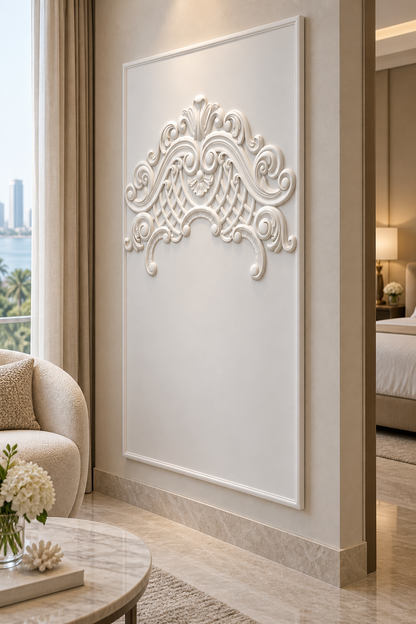 Regency Lattice Canopy Corian Wall Panel, left view in the Malabar Hill master-bedroom sitting area