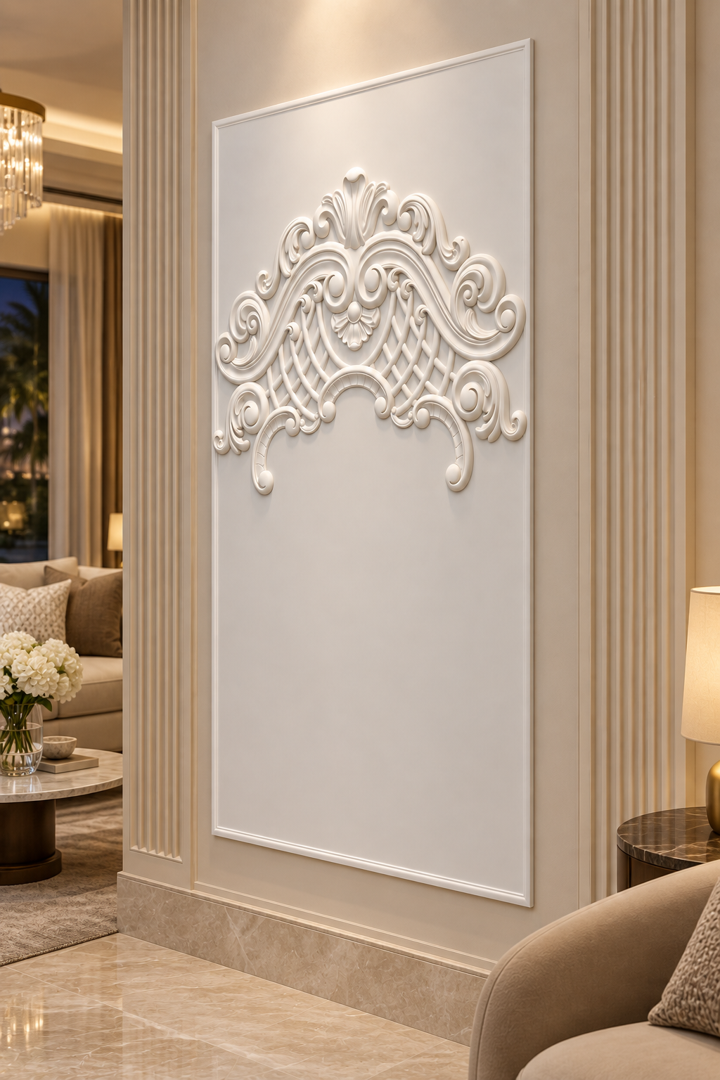 Regency Lattice Canopy Corian Wall Panel, right view in the Juhu formal lounge