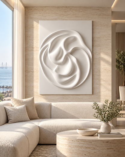 Orbital Fold Quintet Corian Wall Panel, front view in the Bandra sea-view lounge