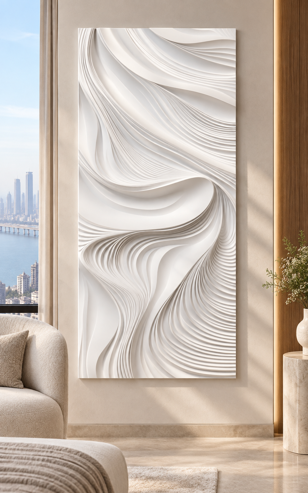 Silken Saddle Flow Corian Wall Panel, front view in the Worli bedroom lounge