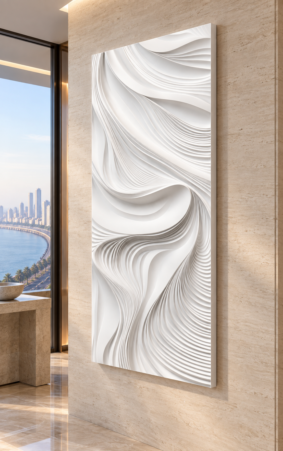 Silken Saddle Flow Corian Wall Panel, left view in the Marine Drive entrance gallery