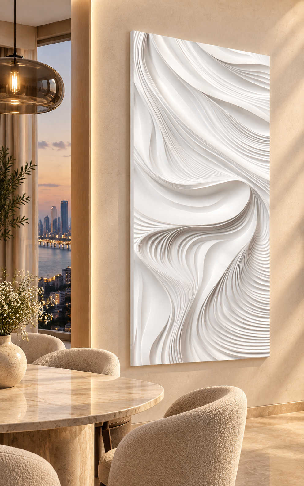Silken Saddle Flow Corian Wall Panel, right view in the Bandra dining salon