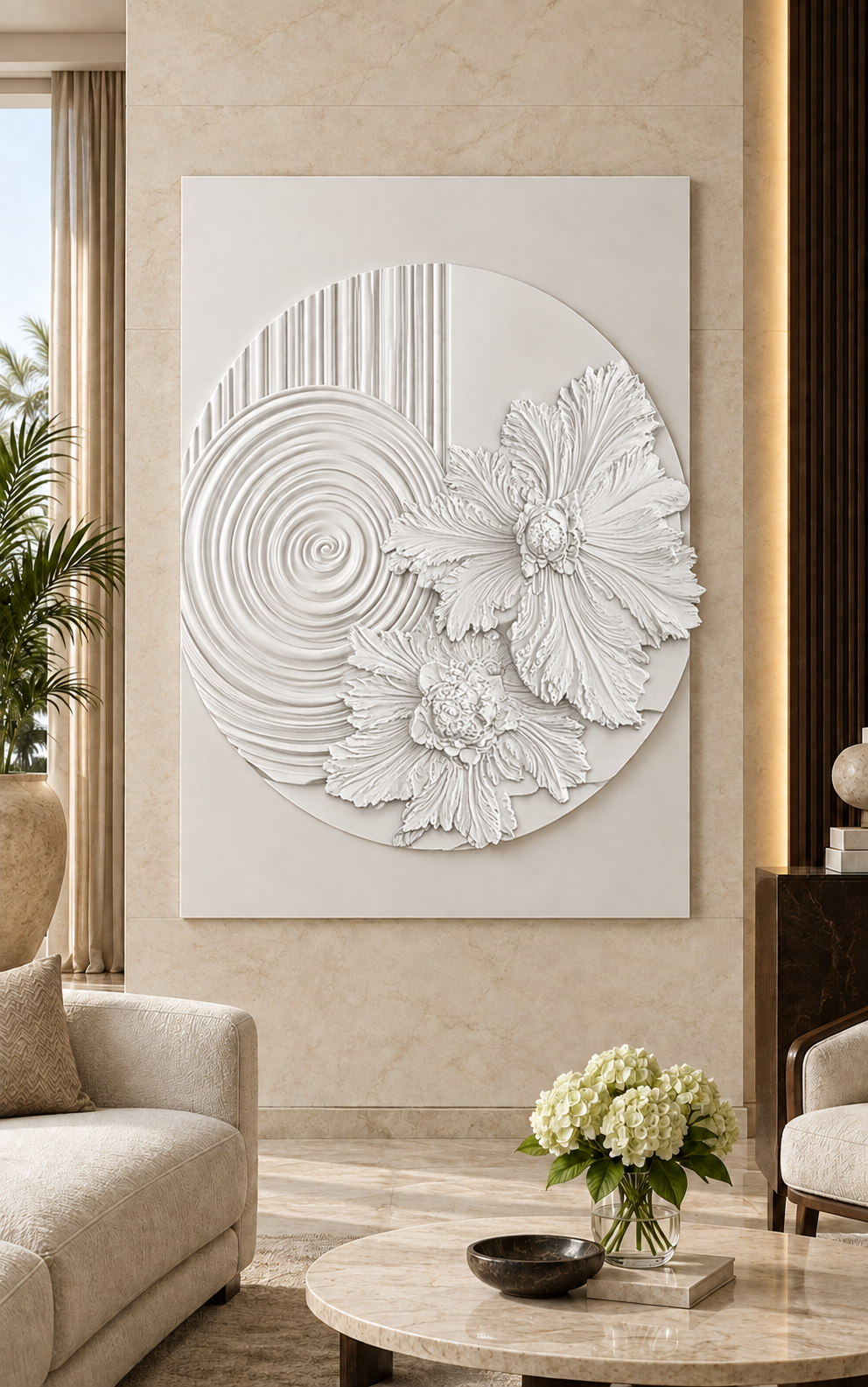 Aster Spiral Roundel Corian Wall Panel, front view in the Juhu formal sitting room