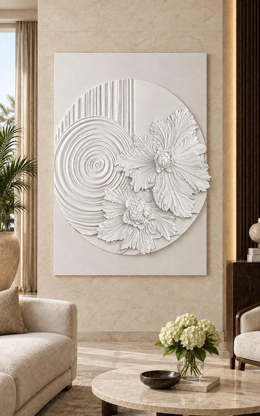 Aster Spiral Roundel Corian Wall Panel, front view in the Juhu formal sitting room