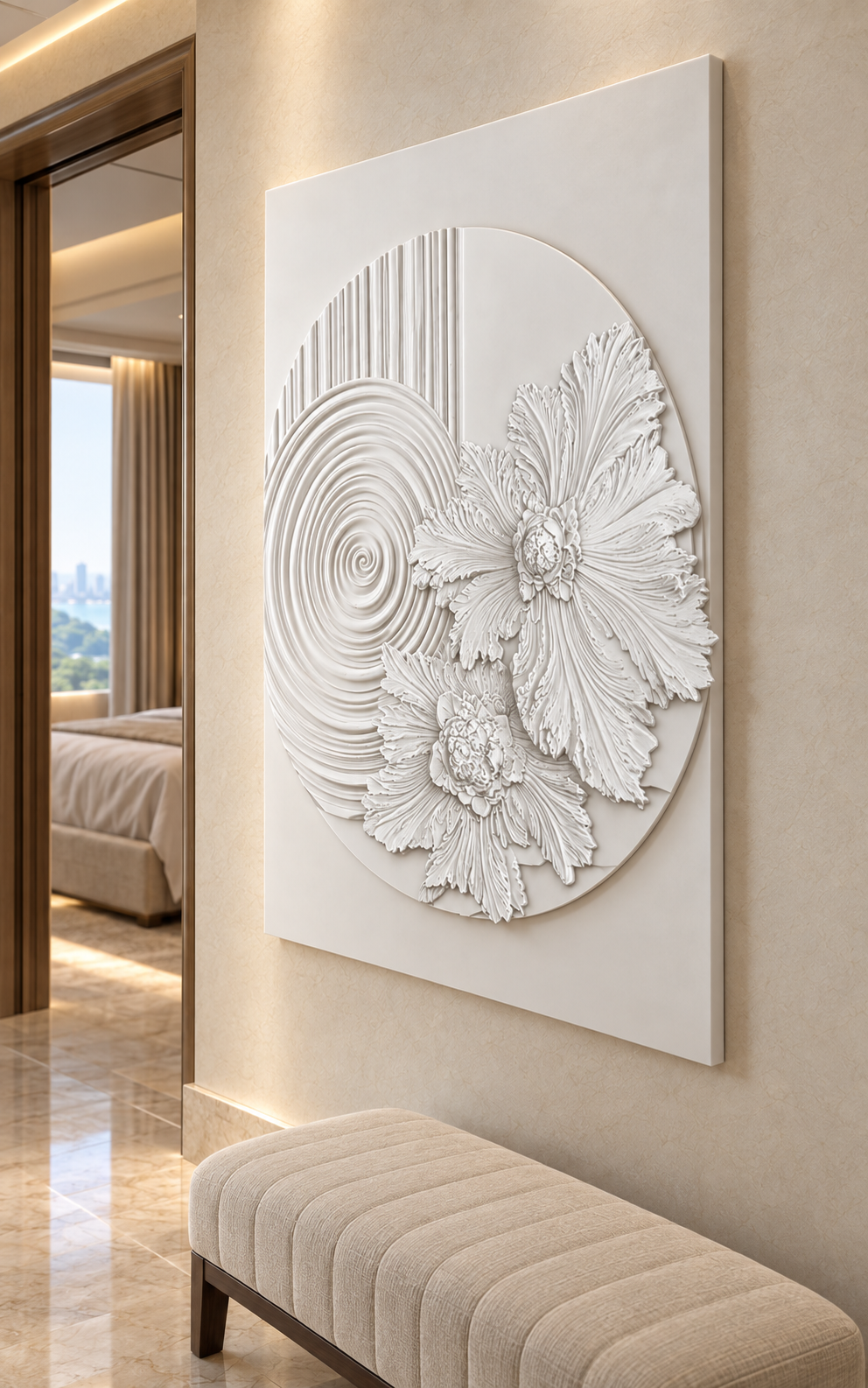 Aster Spiral Roundel Corian Wall Panel, left view in the Malabar Hill bedroom foyer