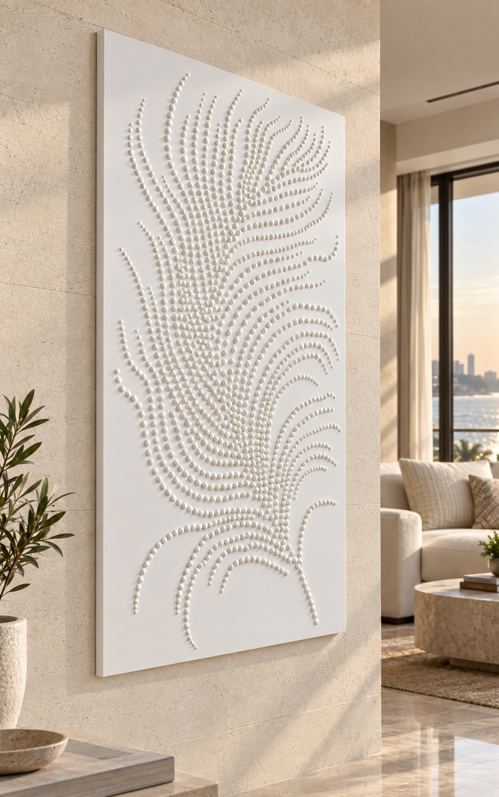 Beaded Plume Corian Wall Panel, left view in the Bandra sea-facing formal living room