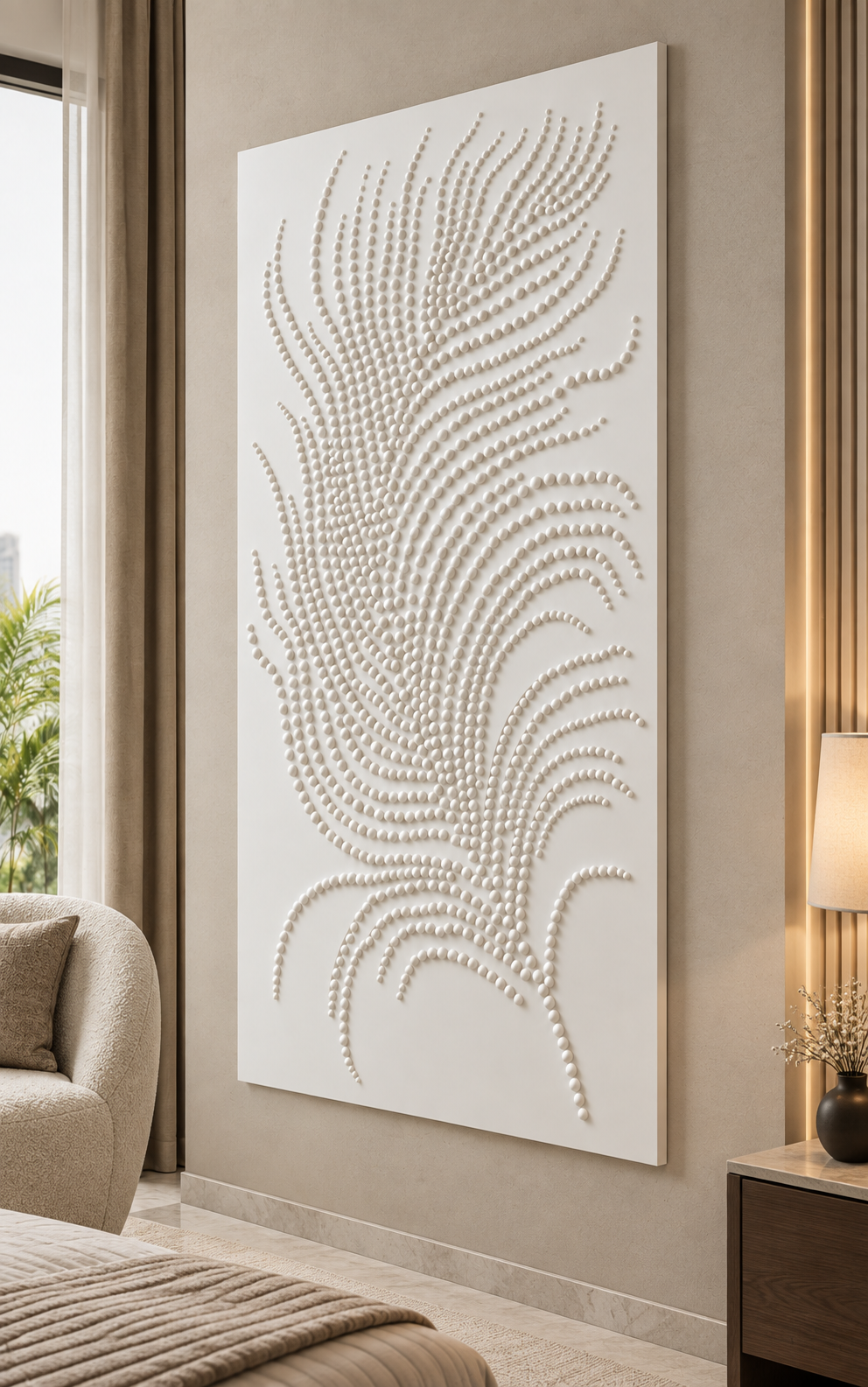 Beaded Plume Corian Wall Panel, right view in the Worli master-bedroom sitting area