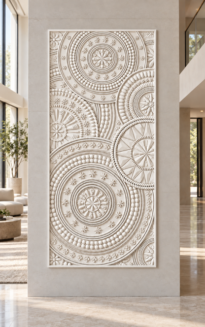 Concentric Mandala Tapestry Corian Wall Panel, front view in the Juhu double-height living room