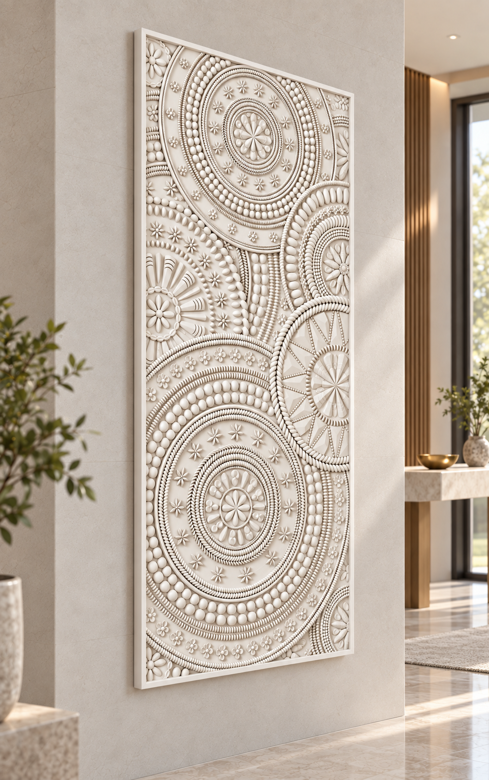 Concentric Mandala Tapestry Corian Wall Panel, left view in the Peddar Road puja-transition gallery