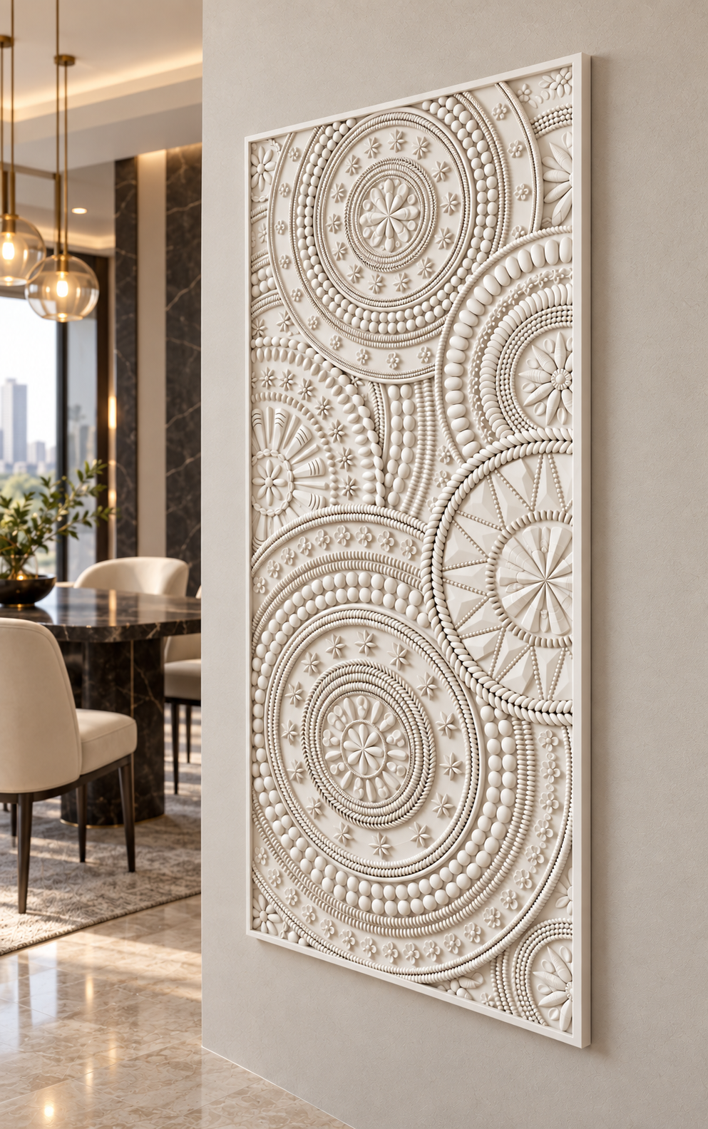Concentric Mandala Tapestry Corian Wall Panel, right view in the BKC apartment dining room