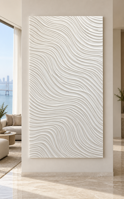 Undulating Line Field Corian Wall Panel, front view in the Worli sea-view lounge