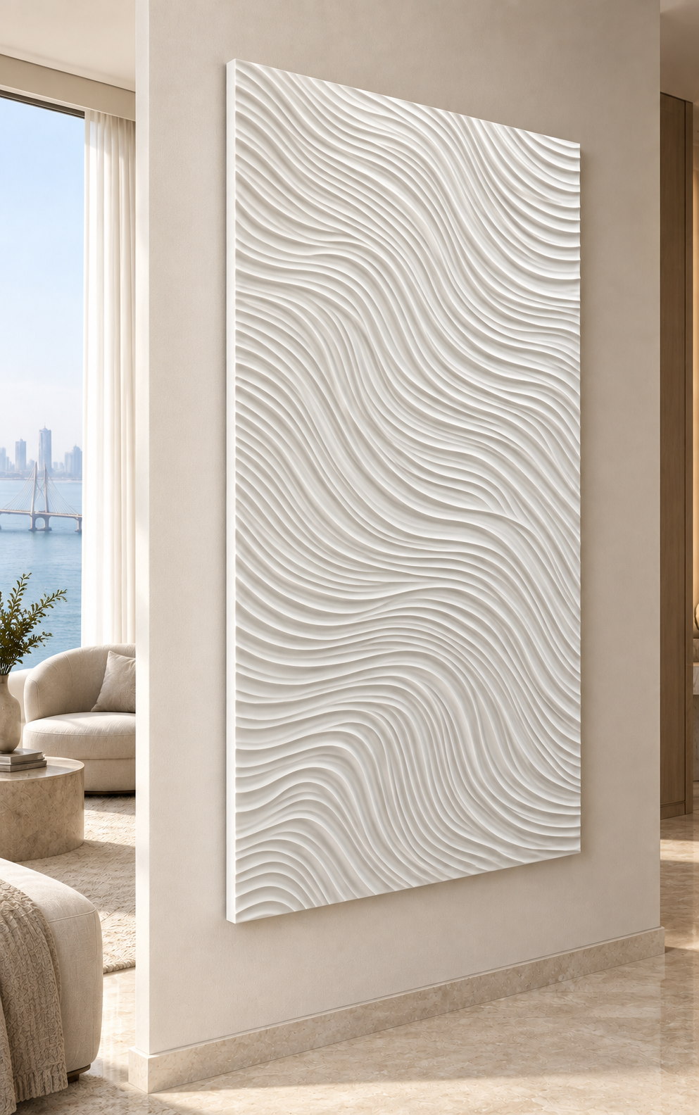 Undulating Line Field Corian Wall Panel, left view in the Bandra master bedroom
