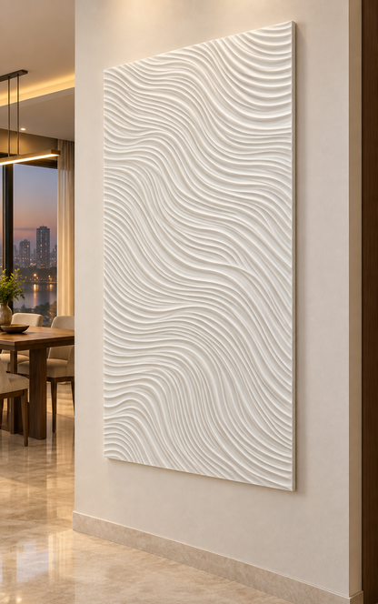 Undulating Line Field Corian Wall Panel, right view in the Powai dining foyer