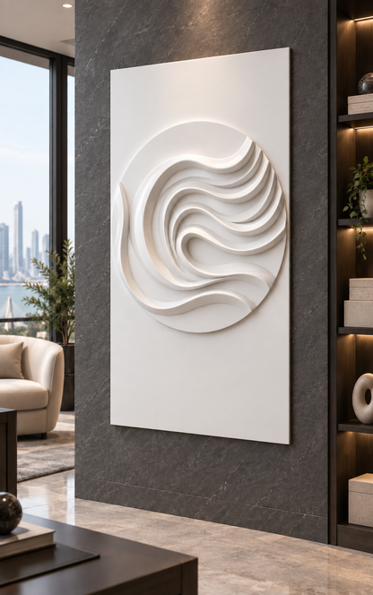 Spiral Tide Medallion Corian Wall Panel, left view in the Worli executive study