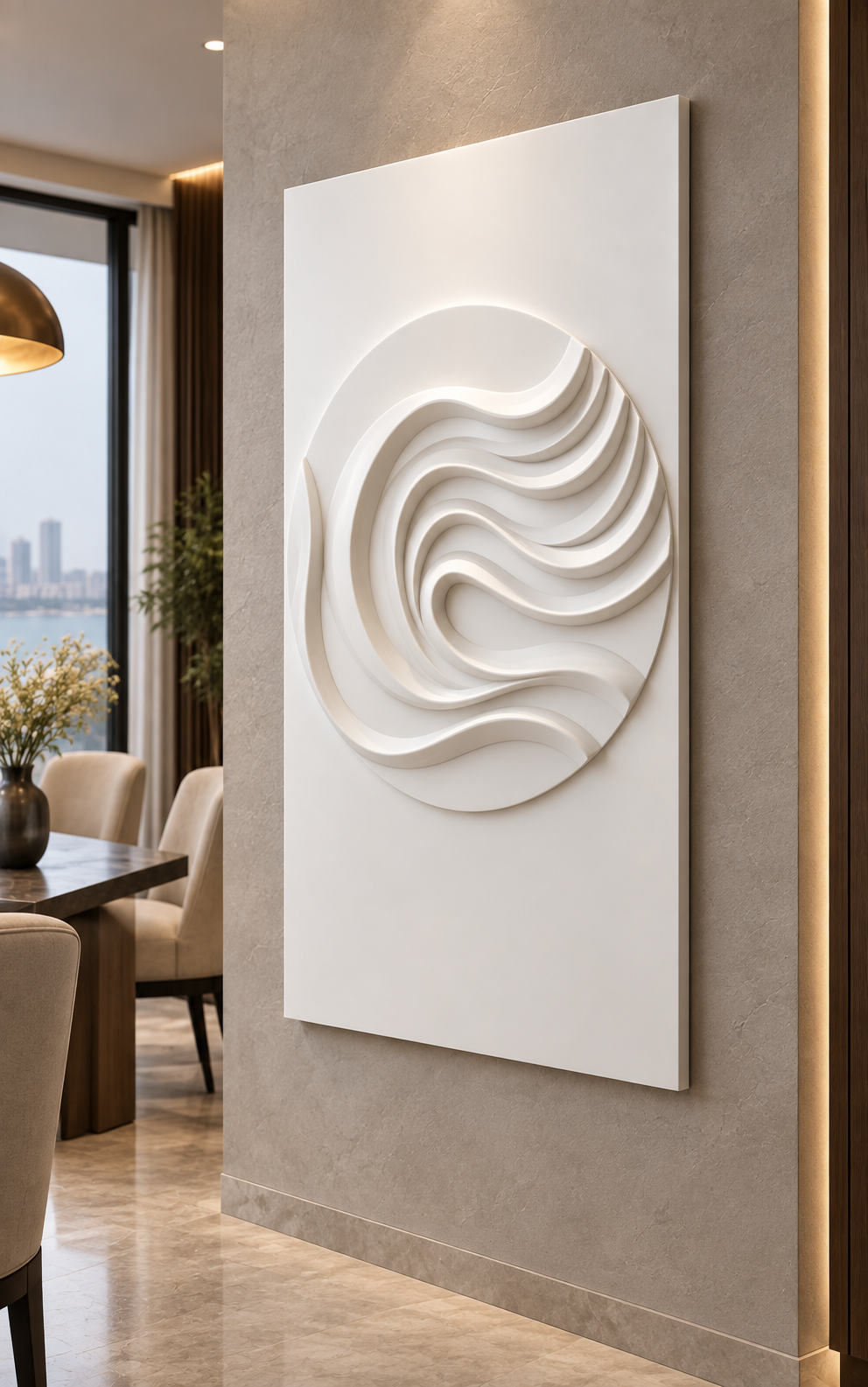Spiral Tide Medallion Corian Wall Panel, right view in the Malabar Hill formal dining salon