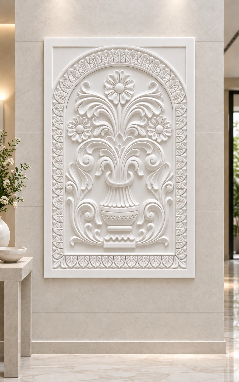 Arched Urn Flourish Corian Wall Panel, front view in the South Mumbai entrance foyer