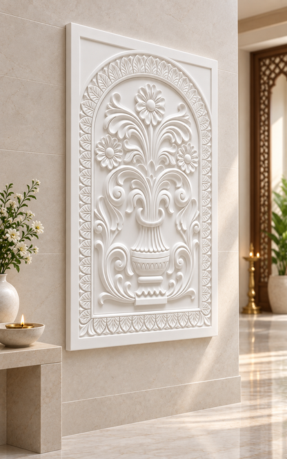Arched Urn Flourish Corian Wall Panel, left view in the Juhu puja anteroom