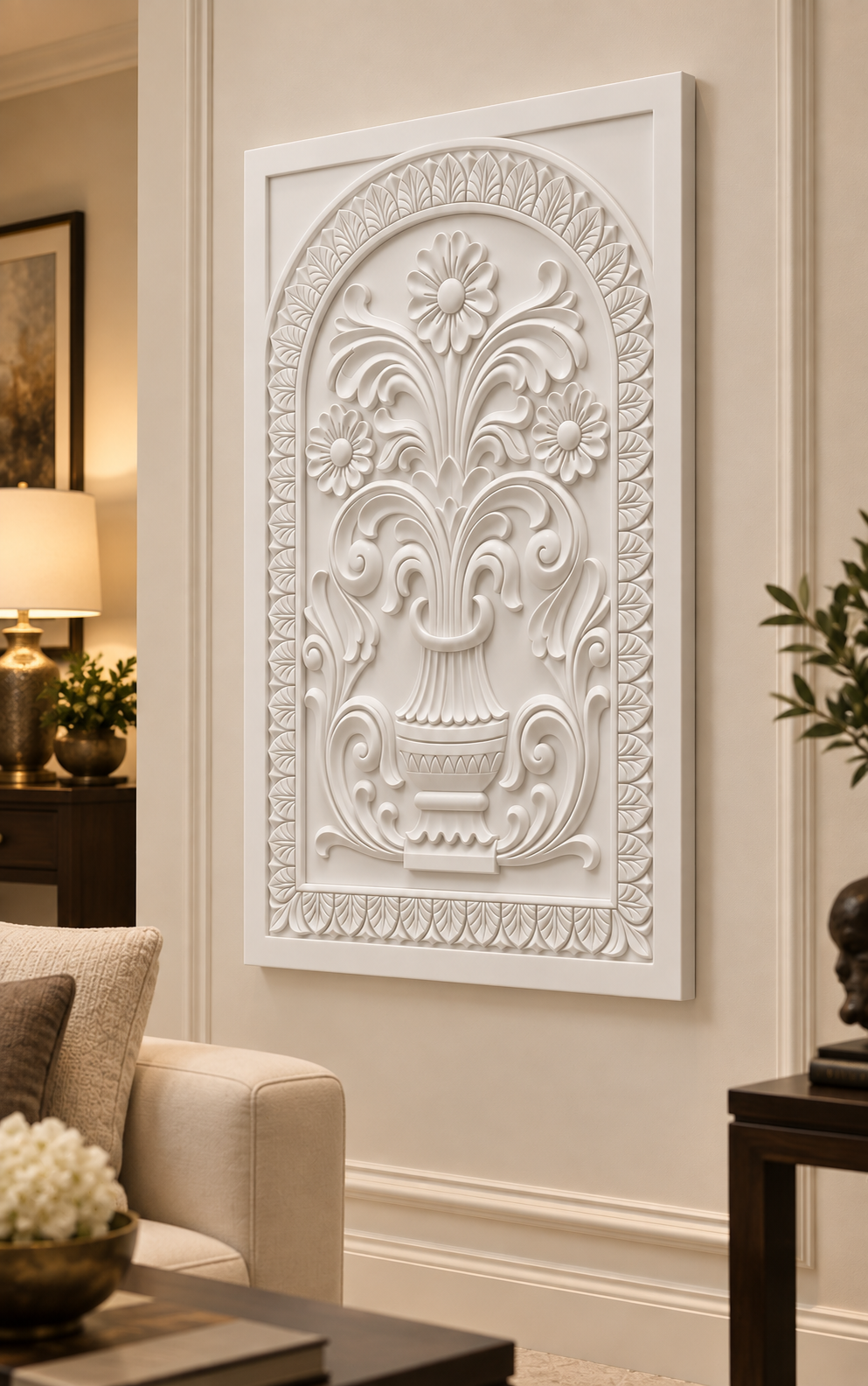 Arched Urn Flourish Corian Wall Panel, right view in the Peddar Road formal lounge