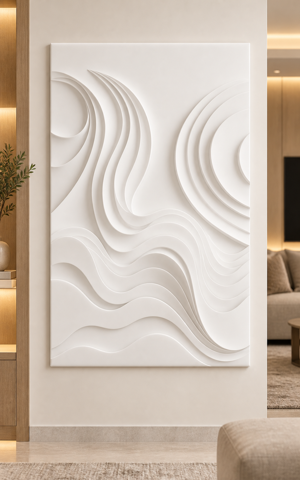 Opposing Ribbon Current Corian Wall Panel, front view in the Bandra media lounge