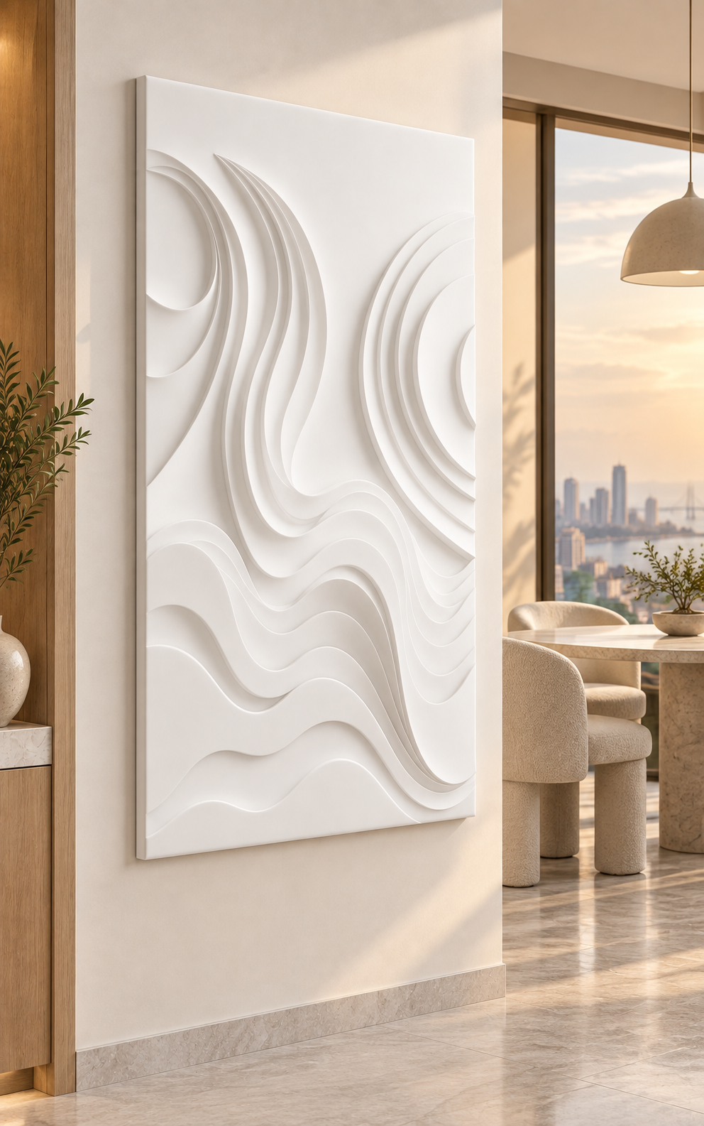 Opposing Ribbon Current Corian Wall Panel, left view in the Worli dining area