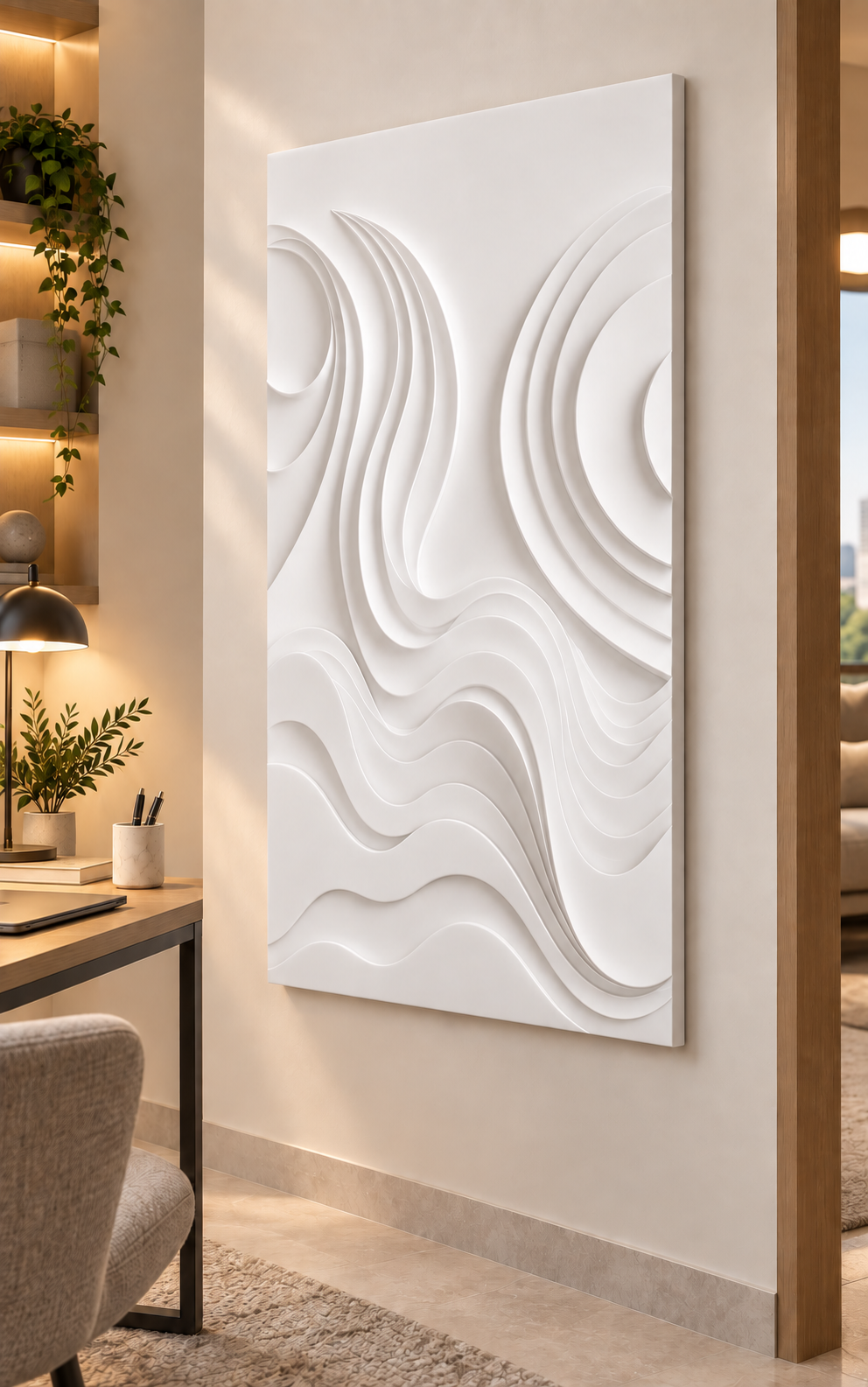 Opposing Ribbon Current Corian Wall Panel, right view in the Powai home office