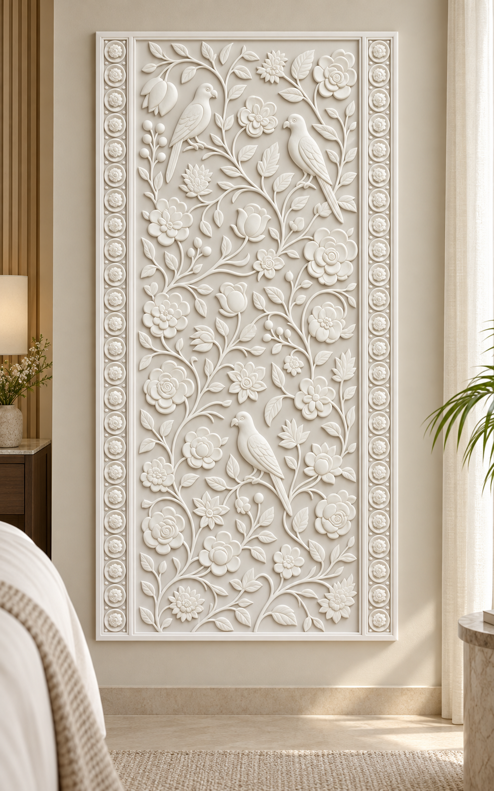 Aviary Blossom Trellis Corian Wall Panel, front view in the Juhu master bedroom
