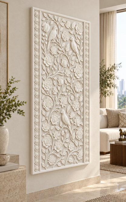 Aviary Blossom Trellis Corian Wall Panel, left view in the Malabar Hill living room