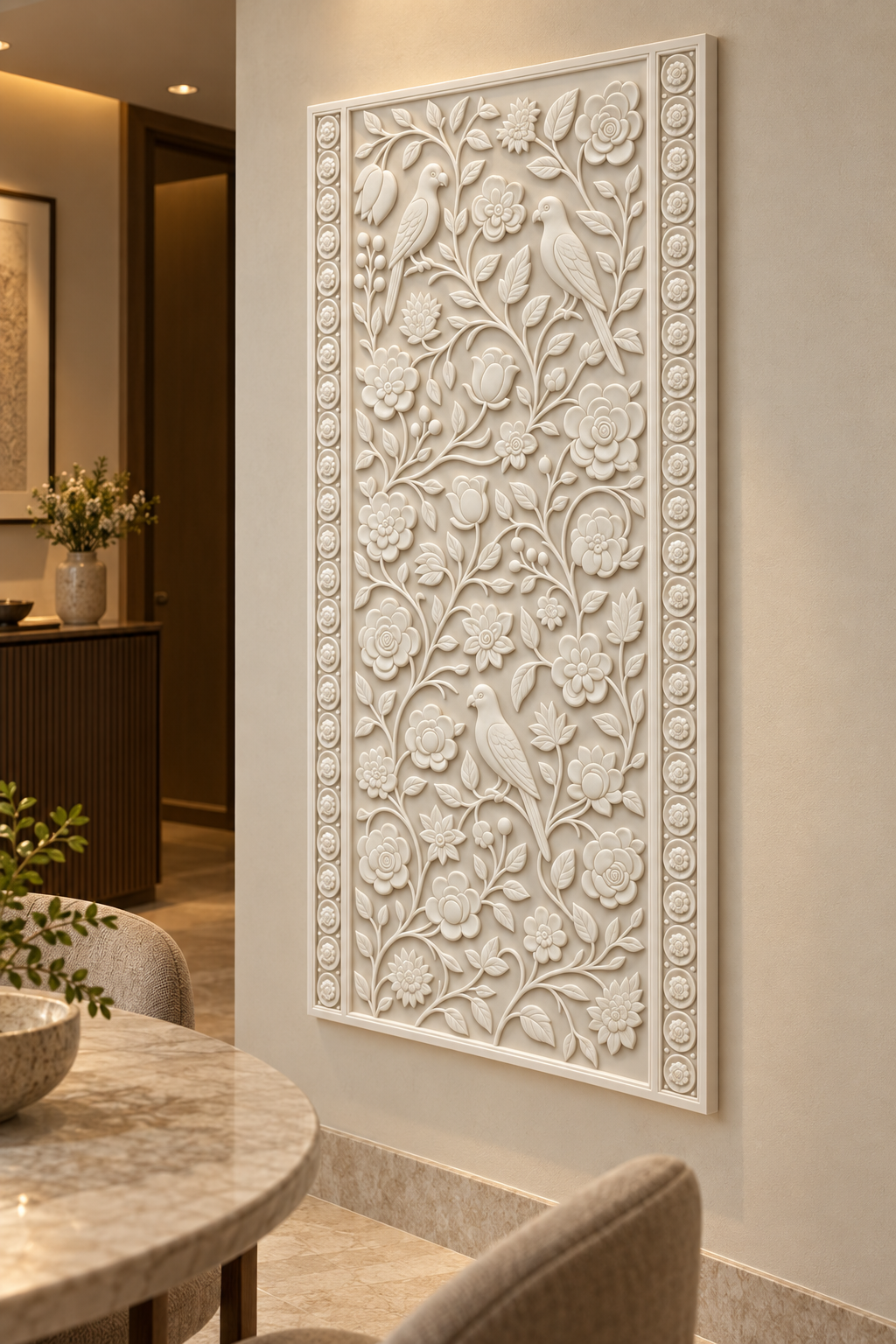 Aviary Blossom Trellis Corian Wall Panel, right view in the Khar dining foyer