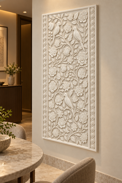 Aviary Blossom Trellis Corian Wall Panel, right view in the Khar dining foyer