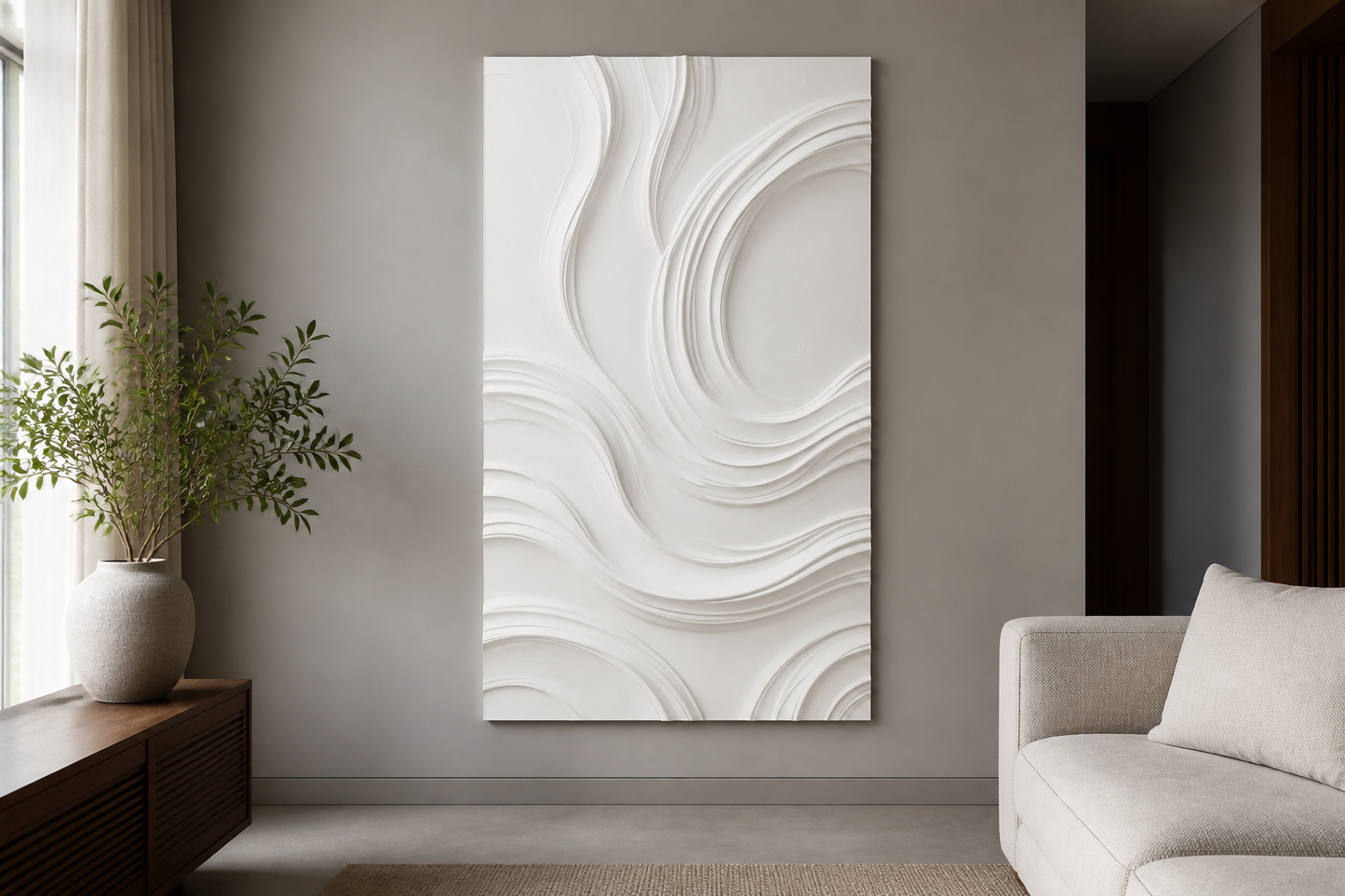 Echo Pools white Corian wall panel front view in mushroom-grey Mumbai living room with walnut console and ivory sofa