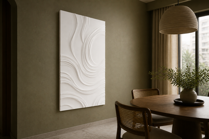 Echo Pools white Corian wall panel left angle in muted olive Mumbai dining nook with oval table and cane-backed chairs
