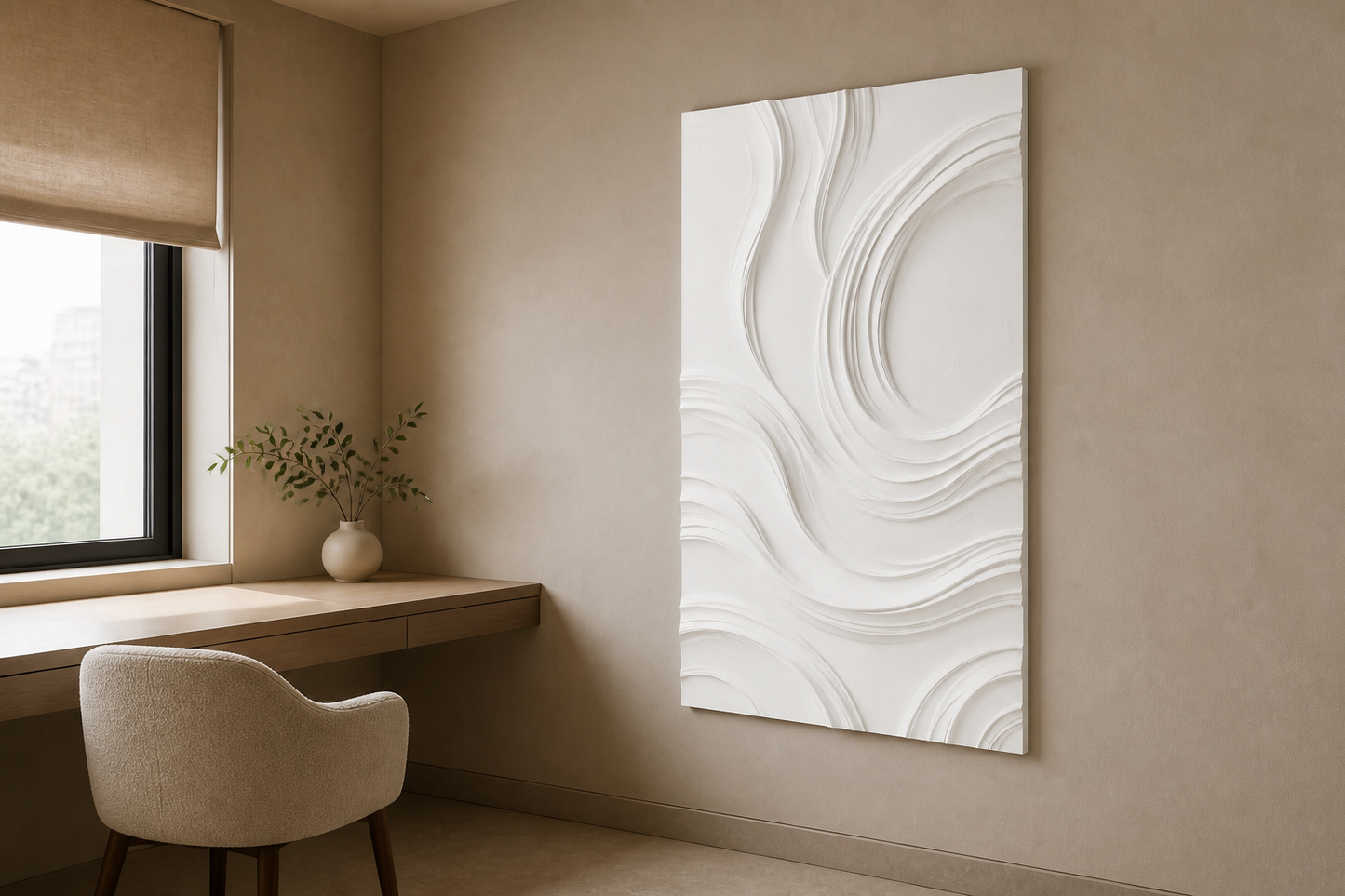 Echo Pools white Corian wall panel right angle in warm putty Mumbai home study with slim desk and boucle chair