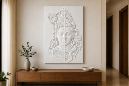 Shiva Krishna Harmony white Corian wall panel front view in refined Mumbai living-room prayer corner with ivory wall and teak console