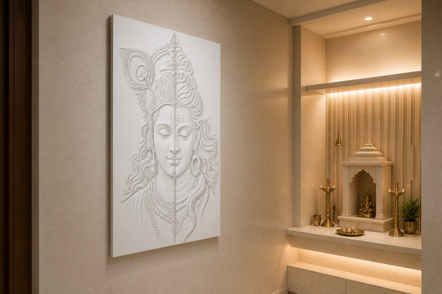 Shiva Krishna Harmony white Corian wall panel left angle in purpose-built Mumbai home-pooja alcove with pale stone floor and altar ledge