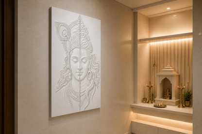 Shiva Krishna Harmony white Corian wall panel left angle in purpose-built Mumbai home-pooja alcove with pale stone floor and altar ledge