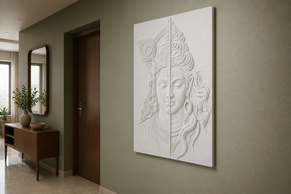 Shiva Krishna Harmony white Corian wall panel right angle in premium Mumbai foyer with muted sage wall and slim walnut cabinet
