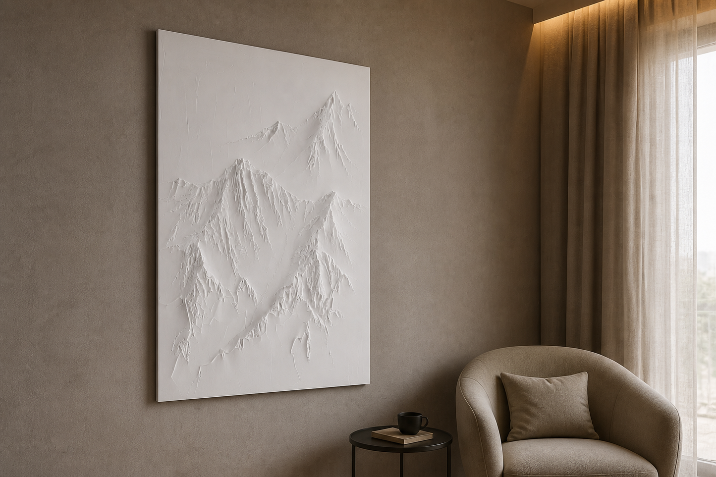 Summit Relief white Corian wall panel left angle in quiet Mumbai bedroom reading corner with warm taupe wall