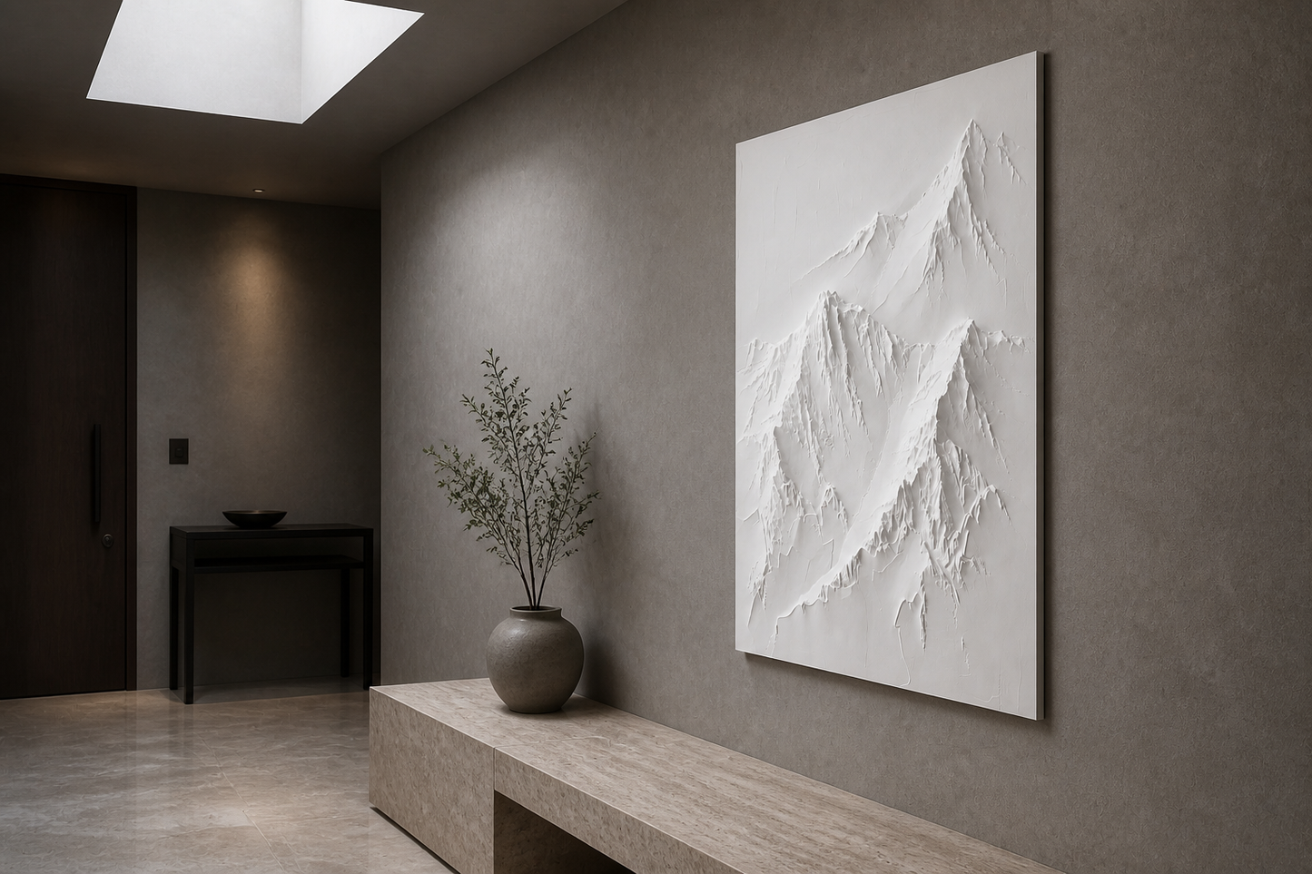 Summit Relief white Corian wall panel right angle in contemporary Mumbai foyer with cool stone-grey wall and travertine console
