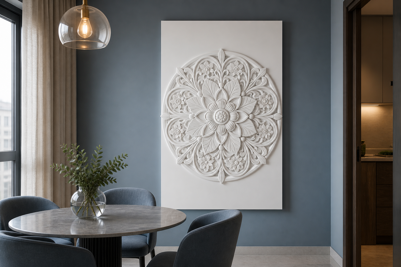 Floral Orbit white Corian wall panel front view in elegant Mumbai dining room with dusty blue-grey wall