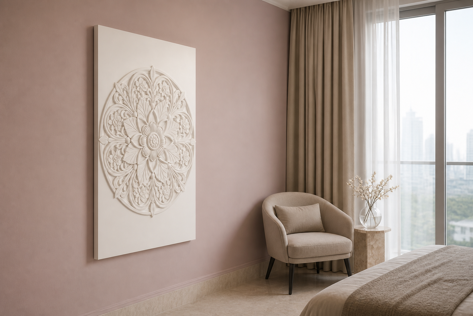 Floral Orbit white Corian wall panel left angle in luxury Mumbai bedroom sitting corner with muted blush wall
