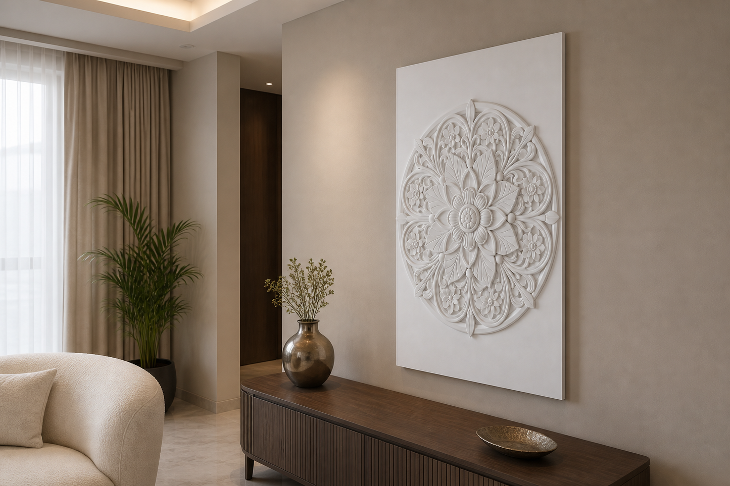 Floral Orbit white Corian wall panel right angle in formal Mumbai living-room console wall with warm greige paint
