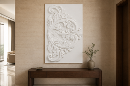 Lattice Flourish white Corian wall panel front view in premium Mumbai foyer with warm stone wall