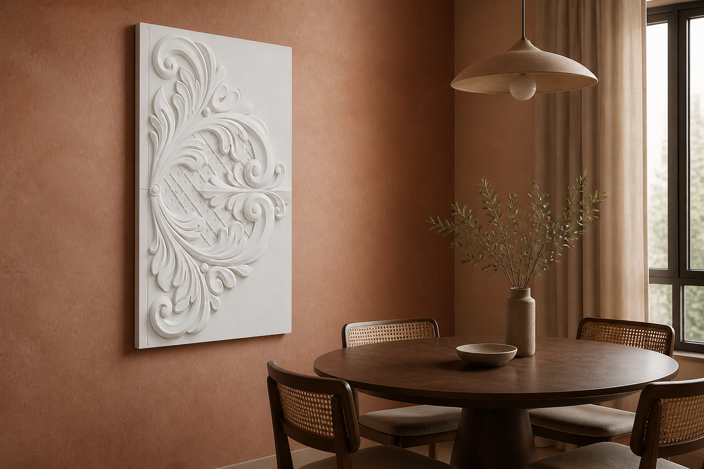 Lattice Flourish white Corian wall panel left angle in intimate Mumbai dining nook with muted terracotta wall